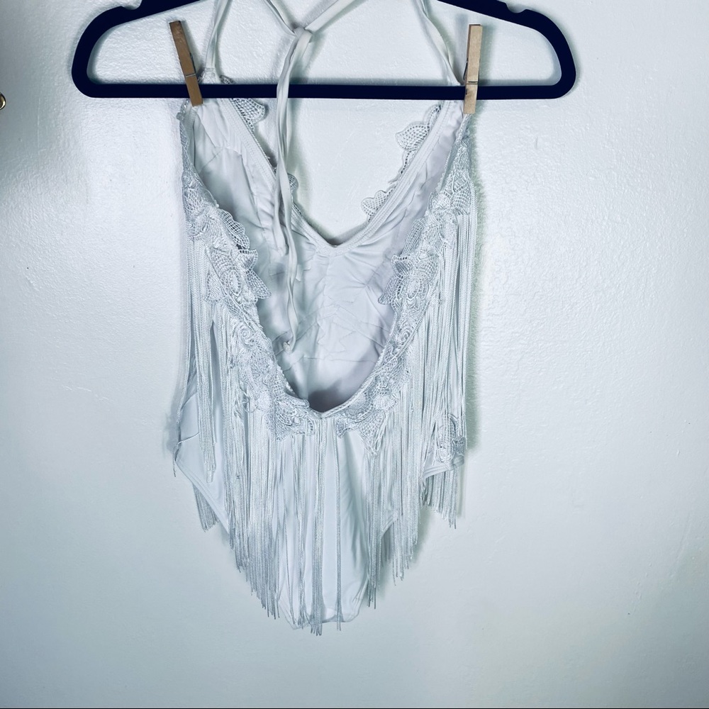 White Halter Top Deep V Fringe One Piece Bathing Suit By ASOS Swim